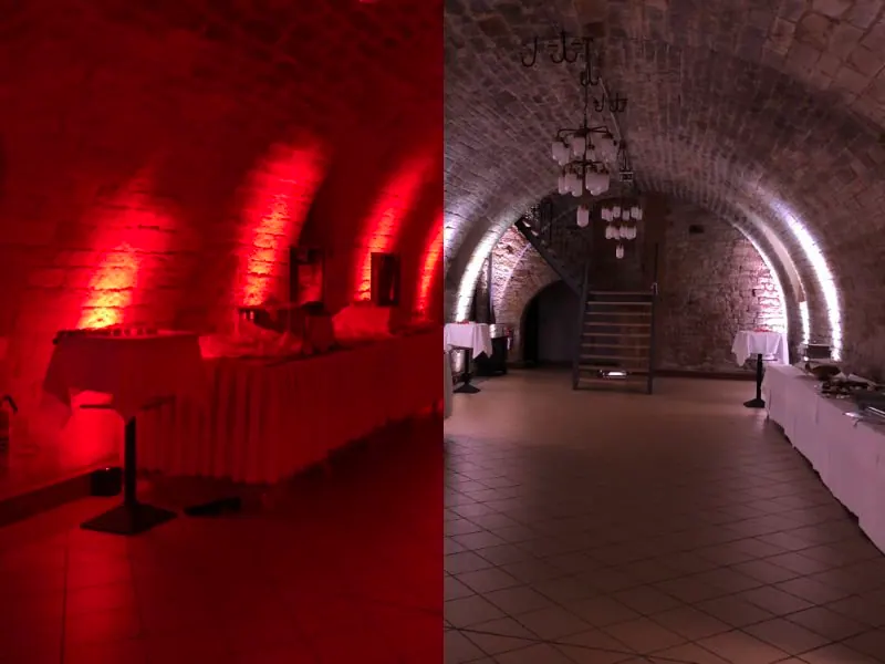 Gewölbekeller einmal mit roter und einmal mit weißer Ambientebeleuchtung